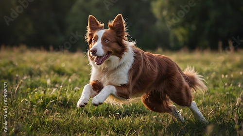 Red border collie dog running in a meadow 