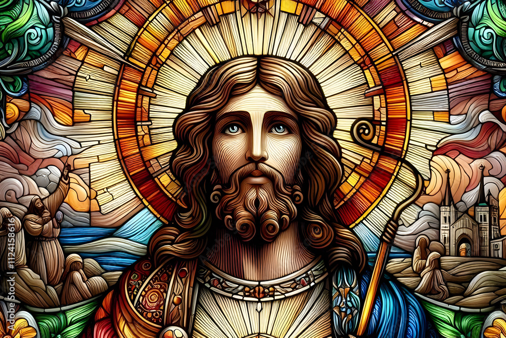 Obraz premium Abstract and creative image of Nativity scence of Stained Glass Jesus