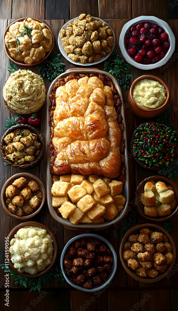 Overhead view of a Thanksgiving feast with roasted turkey, mashed potatoes, stuffing, cranberry sauce, and other side dishes. Overhead view of a Thanksgiving feast with roasted turkey, mashed potatoes, stuffing, cranberry sauce, and other side dishes.