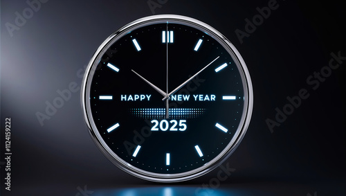 Minimalist clock design showing midnight marking the arrival of New Year 2025