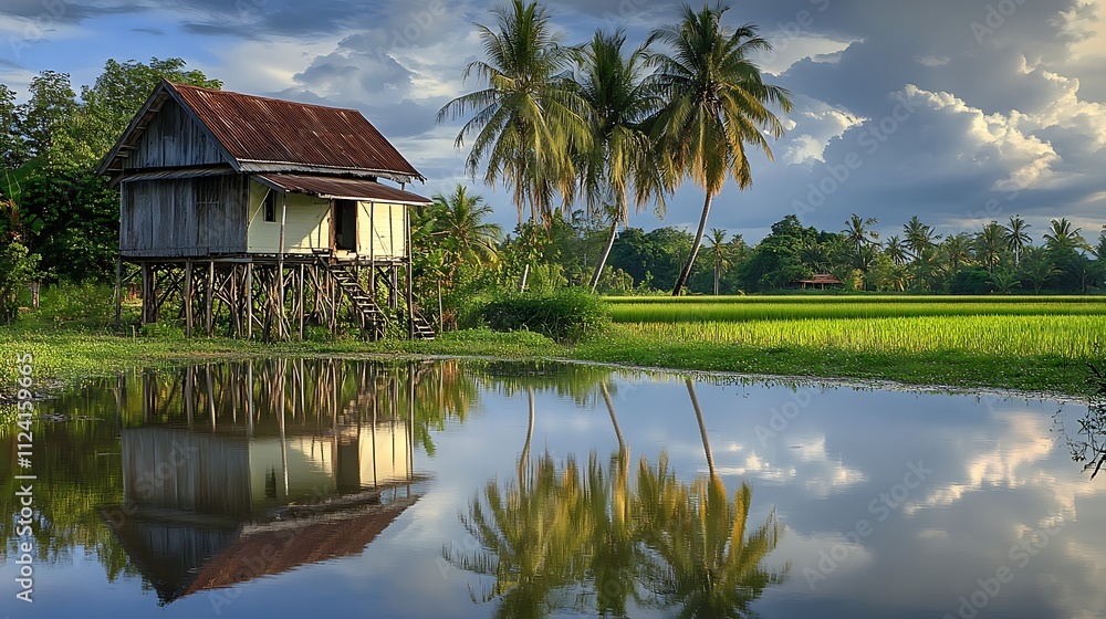 Stilt House Reflecting in Calm Water Under Tropical Sky Stilt House Reflecting in Calm Water Under Tropical Sky