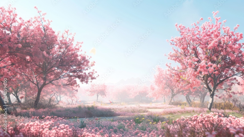 Cherry blossom trees blooming in spring scenic nature view peaceful environment under clear blue sky Cherry blossom trees blooming in spring scenic nature view peaceful environment under clear blue sky