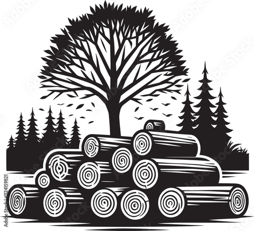 Wood log stack and trees silhouette vector illustration isolated on white background