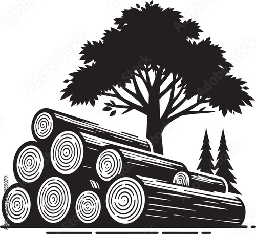 Wood log stack and trees silhouette vector illustration isolated on white background