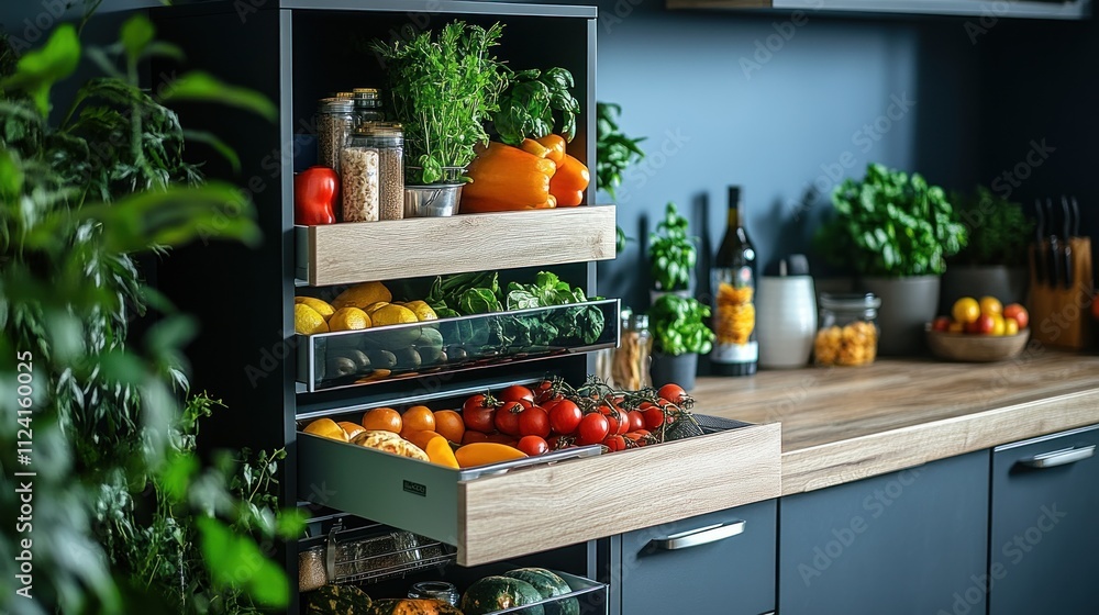 Modern kitchen pantry with fresh produce, herbs, and spices. Organized drawers and shelves showcase a variety of fruits and vegetables. Fresh food, healthy, delicious, kitchen, cooking, organized, Modern kitchen pantry with fresh produce, herbs, and spices. Organized drawers and shelves showcase a variety of fruits and vegetables. Fresh food, healthy, delicious, kitchen, cooking, organized,