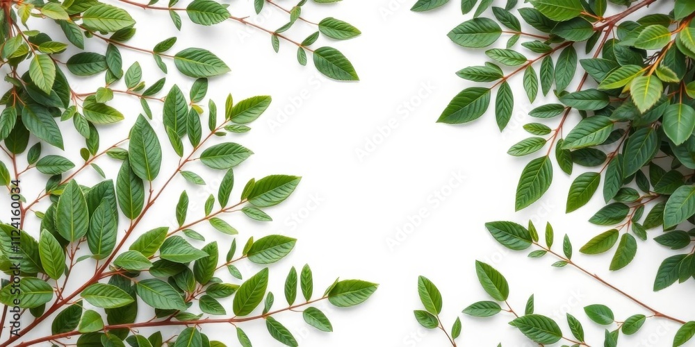 White square frame surrounded by lush green leaves, white, background, square frame White square frame surrounded by lush green leaves, white, background, square frame