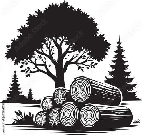 Wood log stack and trees silhouette vector illustration isolated on white background