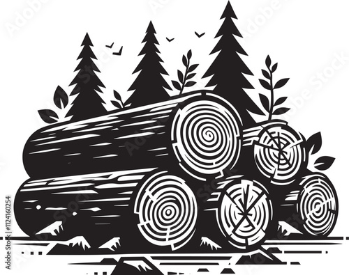 Wood log stack and trees silhouette vector illustration isolated on white background
