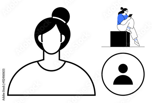 Abstract female avatar with bun hairstyle, woman reading on tablet while sitting, user icon. Ideal for digital profiles, social media, digital identity, communication, user interfaces, online