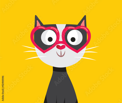 Funny Cat Wearing Heart Shaped Glasses Vector Cartoon Character. Cheerful domestic animal wearing silly quirky eyewear ion Valentines day
