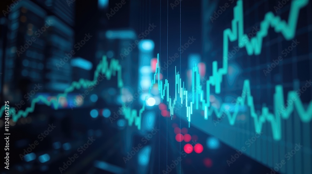 A digital financial graph displaying data trends against a blurred city background. A digital financial graph displaying data trends against a blurred city background.