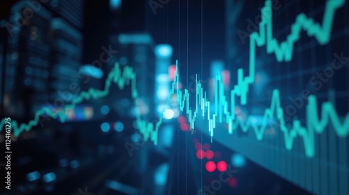 A digital financial graph displaying data trends against a blurred city background.