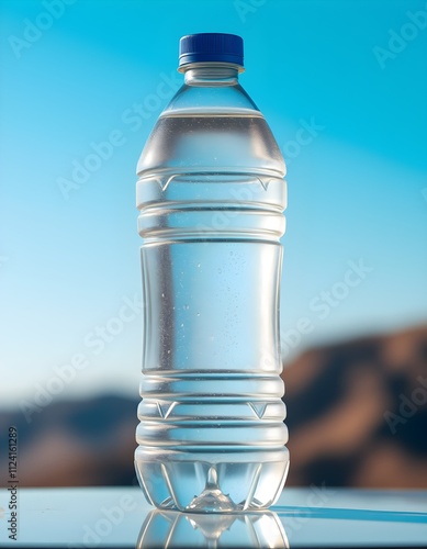 The image is a close-up of a transparent water bottle with a blue cap. The bottle is placed on a reflective surface, with a blurred background of mountains and a clear blue sky. The water bottle appea photo