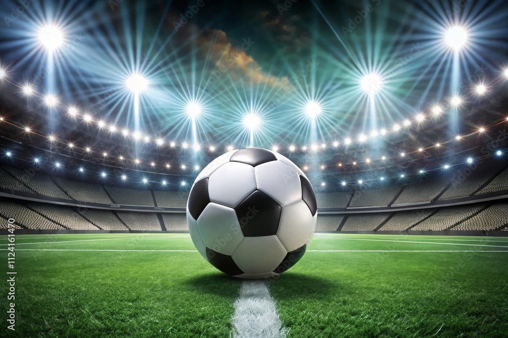 Fototapeta premium Soccer Ball with Stadium Lights in the Background