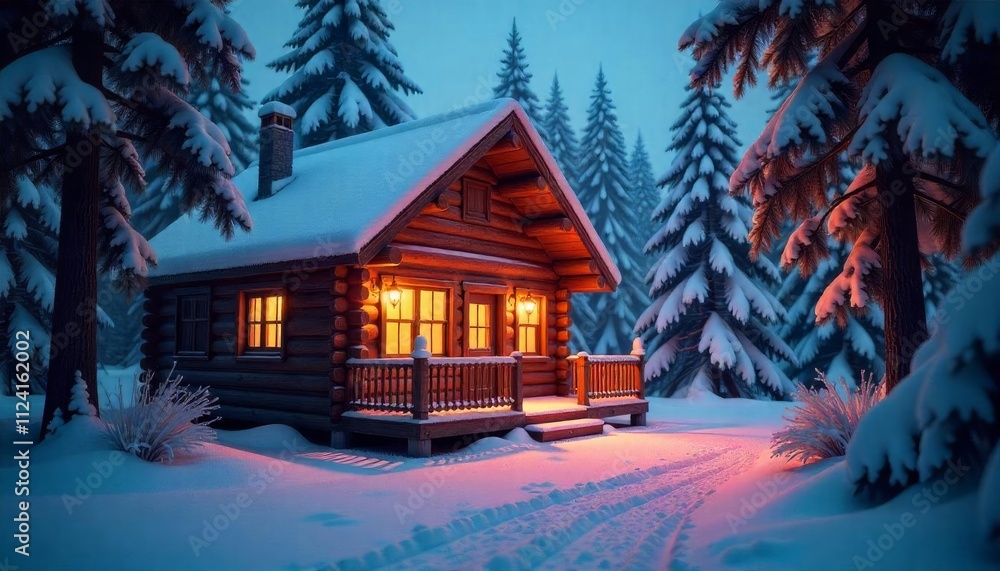 Fototapeta premium A cabin with a snow covered roof and christmas tree in the background