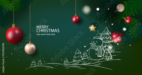 Merry Christmas and Happy New Year greeting cards vector illustration design. Christmas background with snowman, trees, balls, stars, lights for banner, cards, poster, cover.