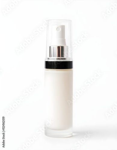 The image is of a white spray bottle with a black cap. The bottle is made of glass and has a cylindrical shape with a flat base. The top of the bottle has a transparent spray nozzle with a silver cap 