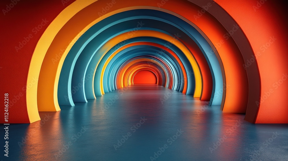 Fototapeta premium Vibrant, colorful archway leading into a spacious corridor.