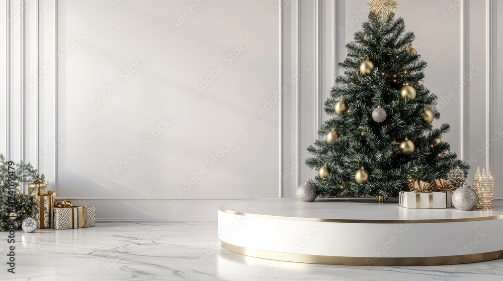 Merry Christmas and happy New Year background. Christmas podium background. A Christmas tree, snowflakes and gift boxes. Christmas frame. Christmas greeting card. Christmas decorations. Copy space Merry Christmas and happy New Year background. Christmas podium background. A Christmas tree, snowflakes and gift boxes. Christmas frame. Christmas greeting card. Christmas decorations. Copy space