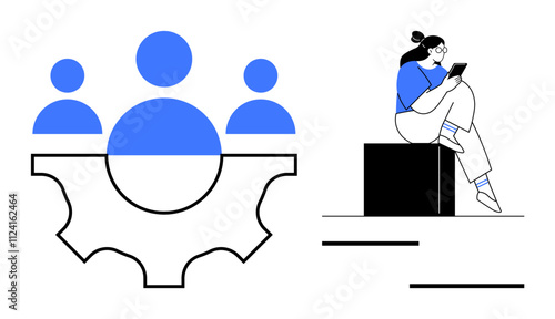 Three blue human figures inside a cogwheel symbolizing teamwork and collaboration. A modern professional sits on a block, interacting with a tablet. Ideal for business, meetings, teamwork