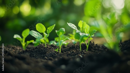 Seedlings growing in fertile soil nature photography lush environment close-up perspective plant growth concept