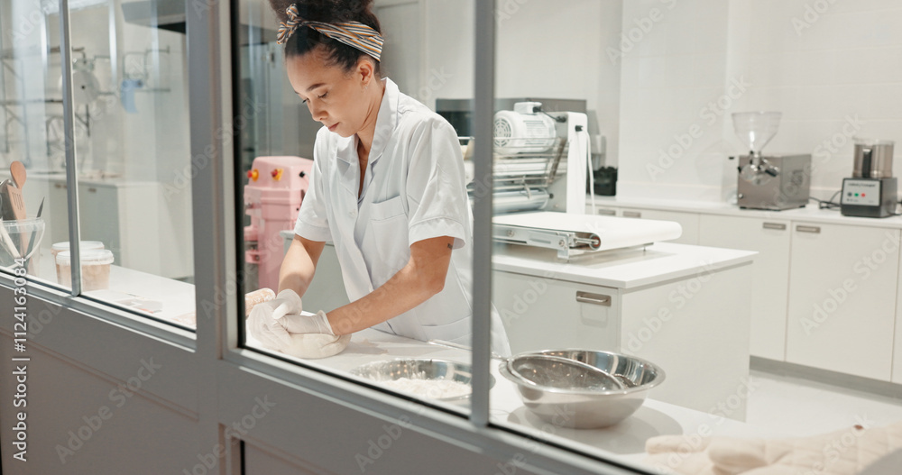 Food, bakery and dough with woman in kitchen for coffee shop, cooking industry and meal prep. Chef, dessert and nutritionist with baker in restaurant for pastry recipe, small business and flour Food, bakery and dough with woman in kitchen for coffee shop, cooking industry and meal prep. Chef, dessert and nutritionist with baker in restaurant for pastry recipe, small business and flour