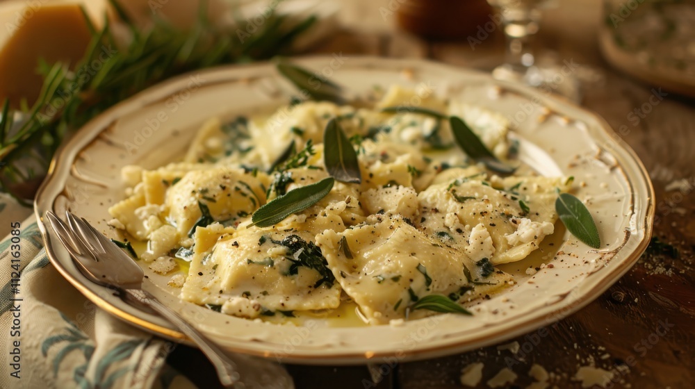 Indulging in ravioli delight elegant fine dining table setting featuring ricotta and spinach ravioli with brown butter sage sauce Indulging in ravioli delight elegant fine dining table setting featuring ricotta and spinach ravioli with brown butter sage sauce