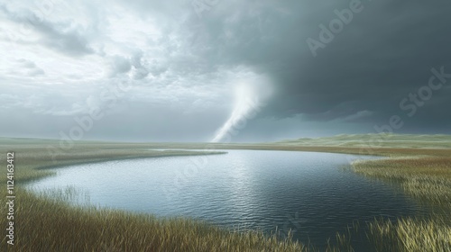 A tornado moving towards a small grove of trees on a prairie, the trees bending under the force of the wind