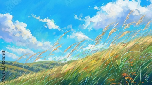 Gentle breeze over rolling hills scenic landscape nature photography vibrant fields wide-angle view picturesque serenity