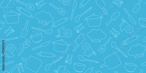 Cooking flat horizontal seamless pattern. Kitchen utensil and appliance cartoon texture. Blue kitchenware sketch clipart.