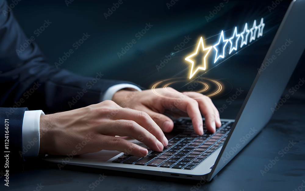 Five Star Success: A businessman's hands deftly navigate a laptop keyboard, with five glowing stars hovering above, symbolizing the pursuit of excellence and positive customer feedback. Five Star Success: A businessman's hands deftly navigate a laptop keyboard, with five glowing stars hovering above, symbolizing the pursuit of excellence and positive customer feedback.