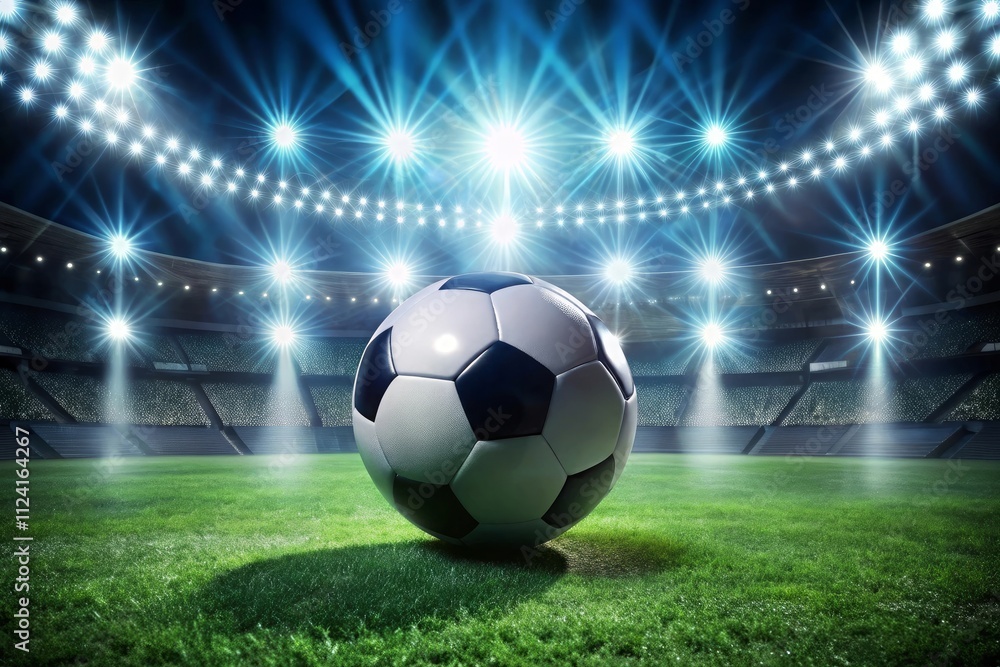 Fototapeta premium Soccer ball on the stadium field with lights in the background