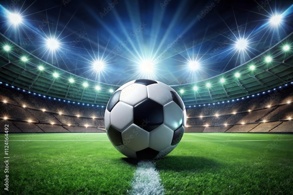 Naklejka premium Soccer ball on the stadium field with lights in the background