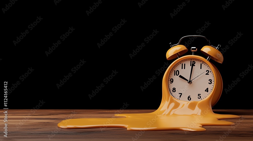 A melting alarm clock on a wooden surface, symbolizing the fluidity of time in a surrealistic style against a dark background. A melting alarm clock on a wooden surface, symbolizing the fluidity of time in a surrealistic style against a dark background.
