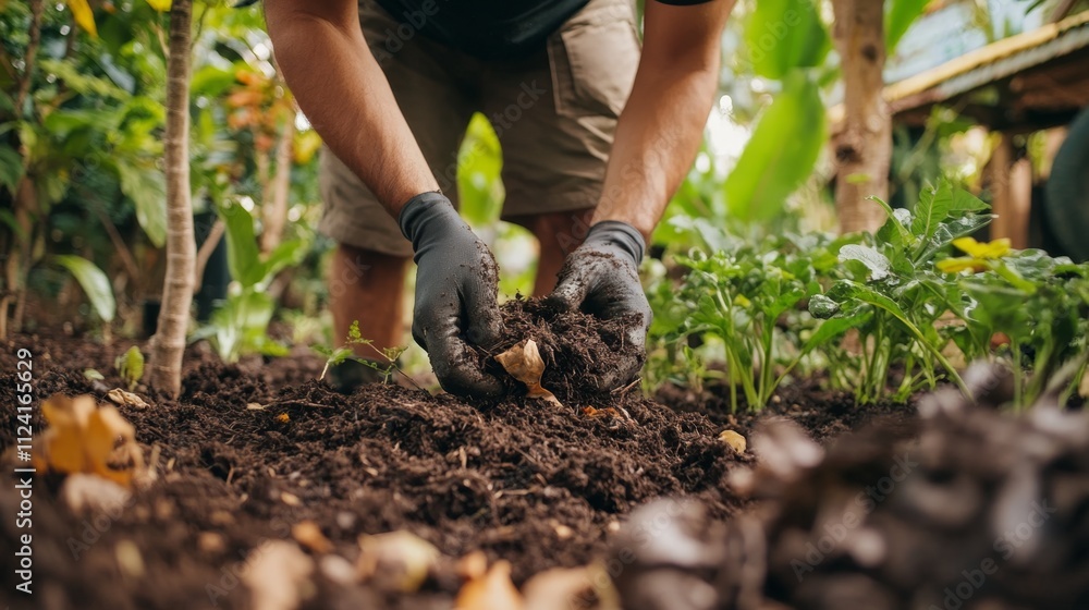 Fototapeta premium Gardening action soil preparation for planting home garden visual guide outdoor close-up shot sustainable practices