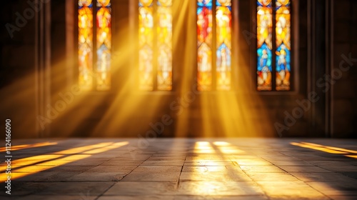 The image depicts a serene interior with colorful stained glass windows casting rays of light onto the stone floor, creating a tranquil and sacred atmosphere.