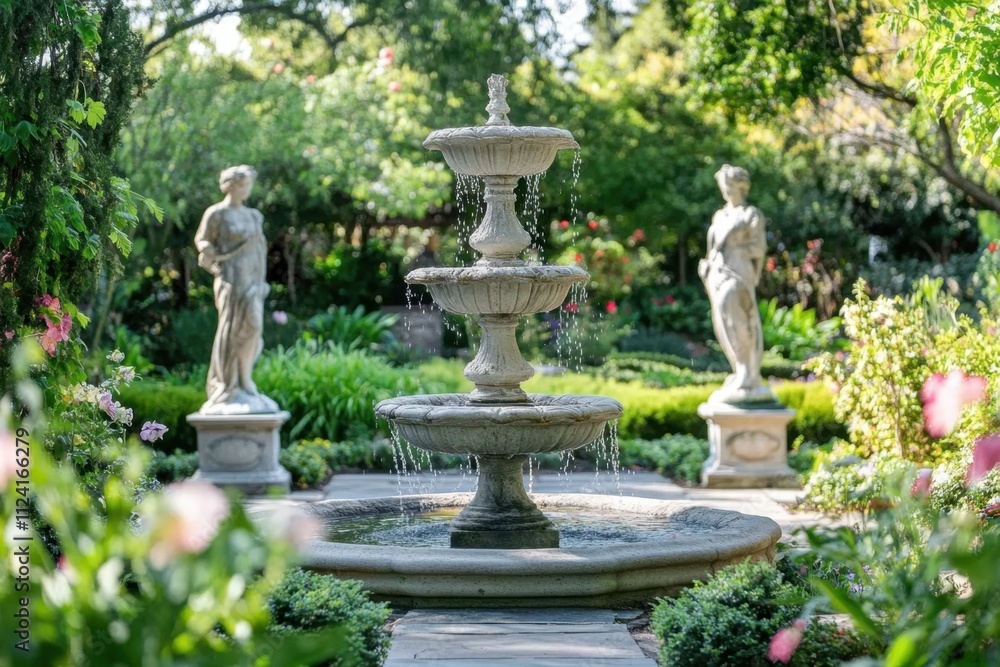 Obraz premium Tranquil outdoor garden featuring elegant marble statues and fountain lush greenery scenic nature retreat serene viewpoint captivating landscape photography for relaxation