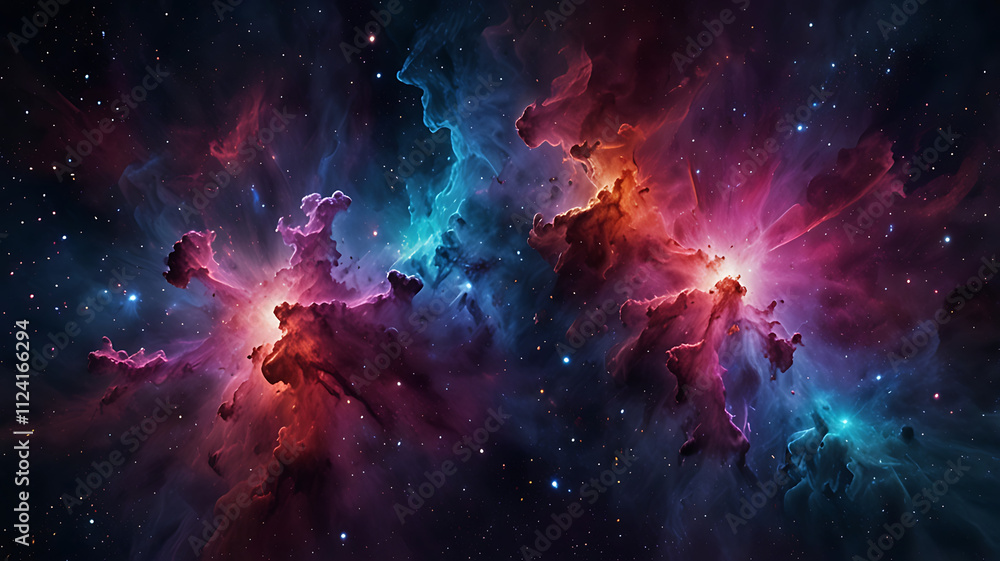 Obraz premium A cluster of colorful nebula fragments swirling together in vibrant shades of purple, blue, and pink, isolated on a plain white background.