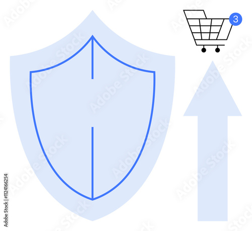 Shield symbol, shopping cart with three notifications, and upward arrow. Ideal for online security, e-commerce growth, data protection, customer notifications, secure transactions, progress metrics