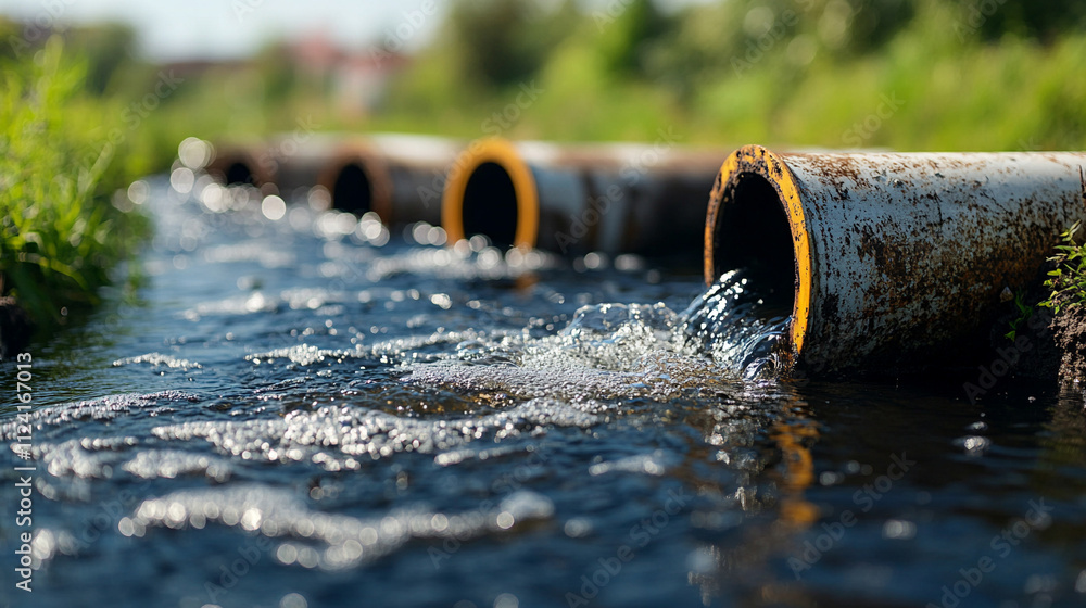 A corroded pipe releasing contaminated water into a polluted environment symbolizing industrial waste pollution environmental degradation and the urgent need for sustainable waste management solutions A corroded pipe releasing contaminated water into a polluted environment symbolizing industrial waste pollution environmental degradation and the urgent need for sustainable waste management solutions