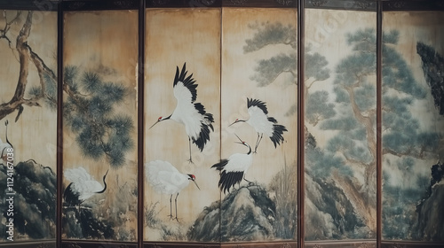 A Traditional Korean Folding Screen from the Joseon Dynasty: Intricately Painted with Cranes, Pine Trees, and Mountains in a Classical Style, No Background