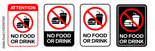 No food or drink allowed sign. No eating or drinking sign. No food or drink logo, label, badge, sticker, symbol, emblem, stamp, banner, circle, black, line, flat vector, isolated illustration.