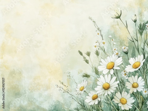 A rectangular floral frame of wildflowers, daisies, and chamomile on a textured watercolor background
