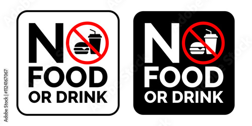 No food or drink allowed sign. No eating or drinking sign. No food or drink logo, label, badge, sticker, symbol, emblem, stamp, banner, circle, black, line, flat vector, isolated illustration.