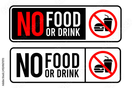No food or drink allowed sign. No eating or drinking sign. No food or drink logo, label, badge, sticker, symbol, emblem, stamp, banner, circle, black, line, flat vector, isolated illustration.