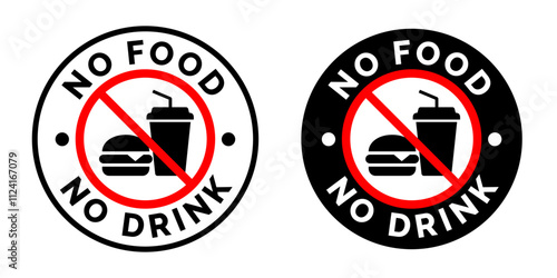No food or drink allowed sign. No eating or drinking sign. No food or drink logo, label, badge, sticker, symbol, emblem, stamp, banner, circle, black, line, flat vector, isolated illustration.