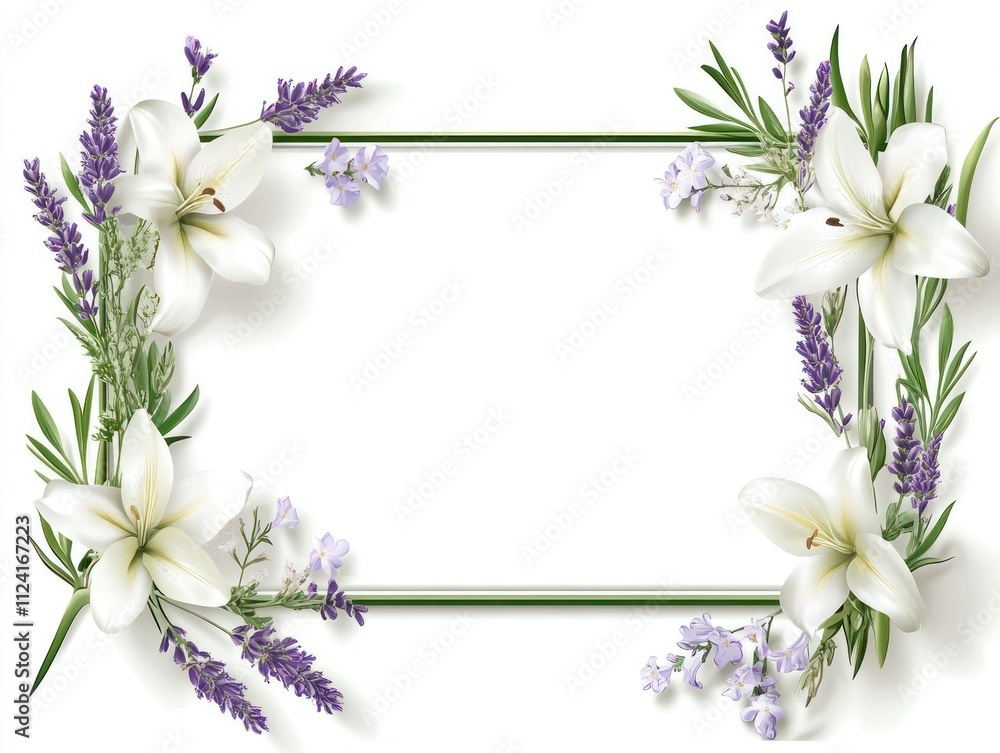 custom made wallpaper toronto digitalA rectangular floral frame with lavender springs, white lilies on a white background