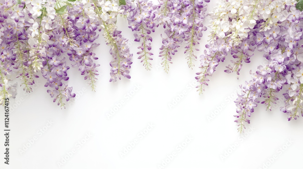 A rectangular frame of cascading wisteria flowers in lavender on a white background A rectangular frame of cascading wisteria flowers in lavender on a white background