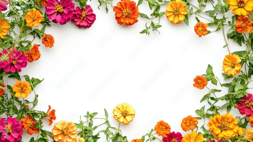 A rectangular frame of vibrant zinnias and marigolds with green vines, cheerful and lively, on a clean white background A rectangular frame of vibrant zinnias and marigolds with green vines, cheerful and lively, on a clean white background