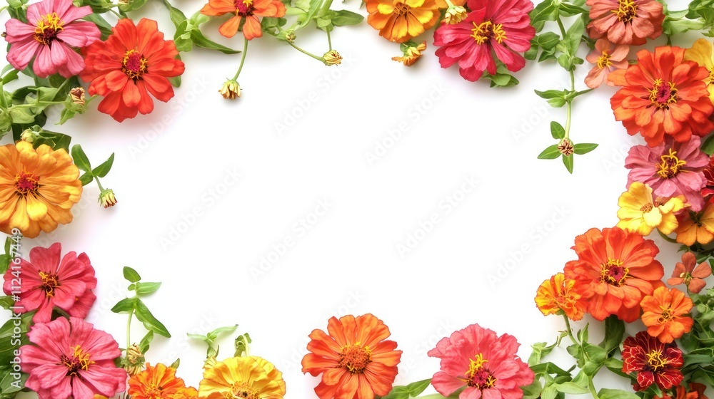 A rectangular frame of vibrant zinnias and marigolds with green vines, cheerful and lively, on a clean white background A rectangular frame of vibrant zinnias and marigolds with green vines, cheerful and lively, on a clean white background
